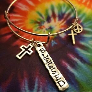 HANDMADE Adjustable Silver Peace Blessed Cross Charm Bangle Bracelet